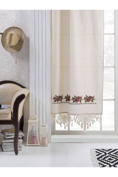 PAZARSEN Cross Stitched Bodrum Curtain Cross Stitched Hand Lace Curtain