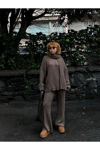 Bak'ap Premium 3-Piece Soft Knitwear Pants and Sweater Set with Scarf and Hair Braid