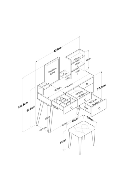 Rani Mobilya Bj101 Makyaj Masası 5 Çekmeceli Raflı Aynalı Takı Düzenleyici Puf Takım Beyaz