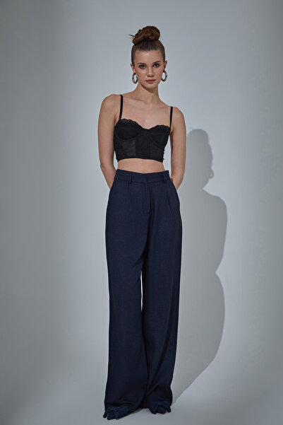 NEWCO Wide Leg Palazzo Fabric Trousers Navy Blue
