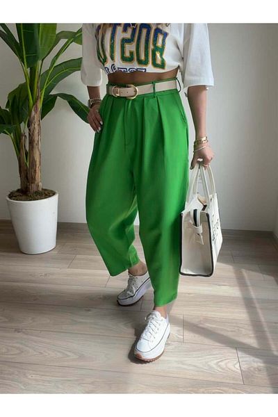 bymaestro woman Women's Tall Waist Baggy Carrot Fabric Trousers