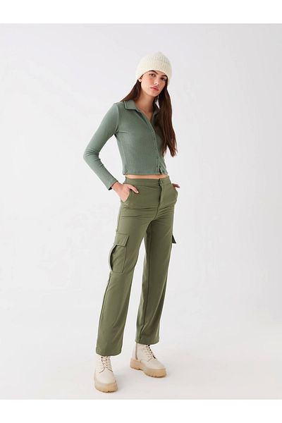 LC Waikiki Γυναικείο παντελόνι Cargo Lcw Vision Khaki Standard Fit Gabardine