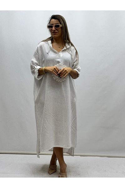 İTALYAN BUTİK Italian Daisy Embroidered Hooded Linen Dress