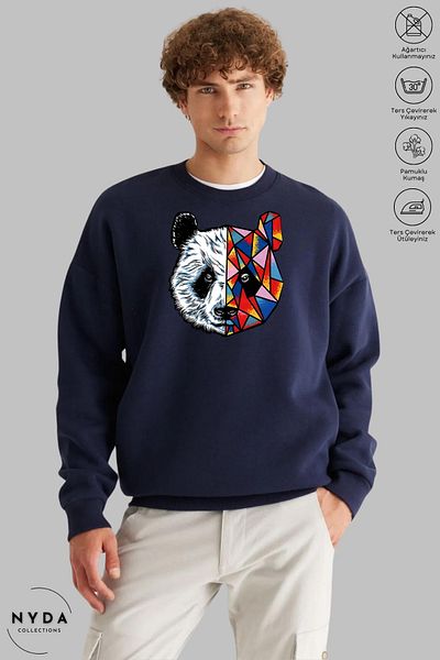 Nyda Collections Unisex μακρυμάνικο πολύχρωμο φούτερ Panda με στάμπα με λαιμόκοψη χωρίς κουκούλα