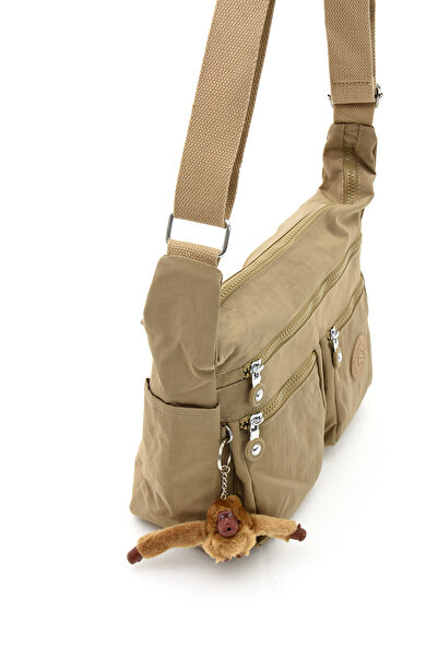 Morpelikan Women's Large Size Compartment Water Resistant Crinkle Fabric Sand Khaki Colored Shoulder Bag