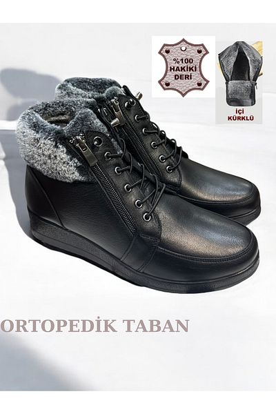 SHOUGO Full Orthopedic Genuine Leather Non-Slip Sole Smart Lace up Mother Boots with Fur Inside