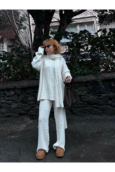 Bak'ap Premium 3-Piece Soft Knitwear Pants and Sweater Set with Scarf and Hair Braid