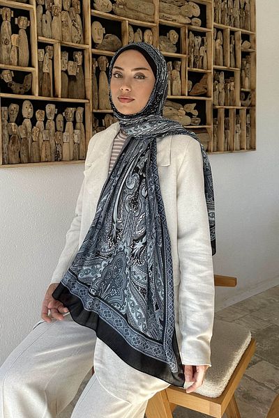 lamelif.com Μαύρο γκρι ρετρό βαμβακερό σάλι