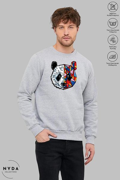 Nyda Collections Unisex μακρυμάνικο πολύχρωμο φούτερ Panda με στάμπα με λαιμόκοψη χωρίς κουκούλα
