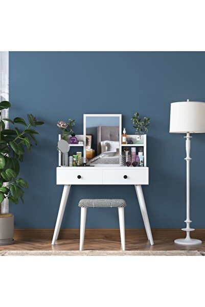 Rani Mobilya Rani Bj102 Makyaj Masası 2 Çekmeceli Raflı Aynalı Takı Düzenleyici + Tabure Takım Beyaz