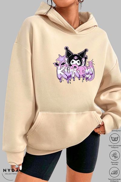 Nyda Collections Anime Kuromi εμπριμέ μακρυμάνικο φούτερ με κουκούλα - Μεγάλο βαμβακερό γυναικείο φούτερ με κουκούλα