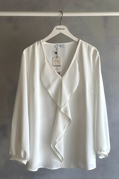 Hanezza Bluză de rochie de seară elegantă cu volane de mărime mare - Detaliu cu mărgele cu ac - Jessica Fabric