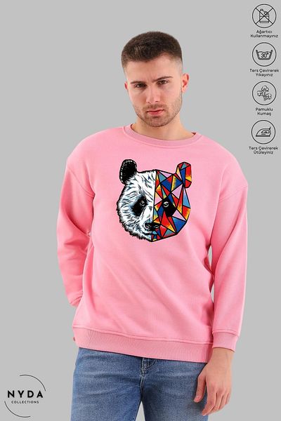 Nyda Collections Unisex μακρυμάνικο πολύχρωμο φούτερ Panda με στάμπα με λαιμόκοψη χωρίς κουκούλα