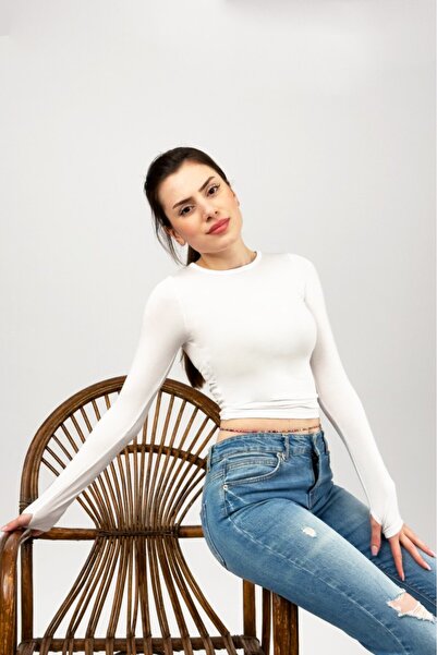 Betimoda White Crew Neck Fingered Women's Sports Body - Soft Touch Crop
