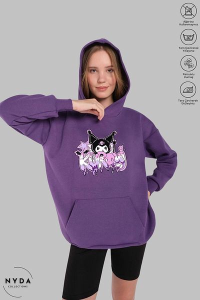 Nyda Collections Anime Kuromi Printed Long Sleeve Hoodie - Hooded Raster Oversize Cotton Women's Sweatshirt