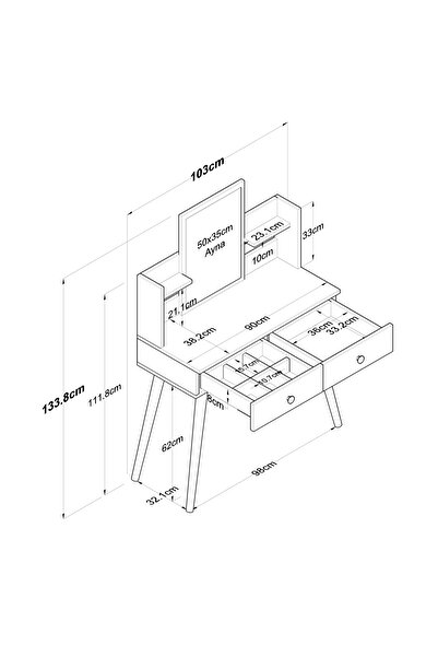 Rani Mobilya Rani Bj102 Makyaj Masası 2 Çekmeceli Raflı Aynalı Takı Düzenleyici Beyaz