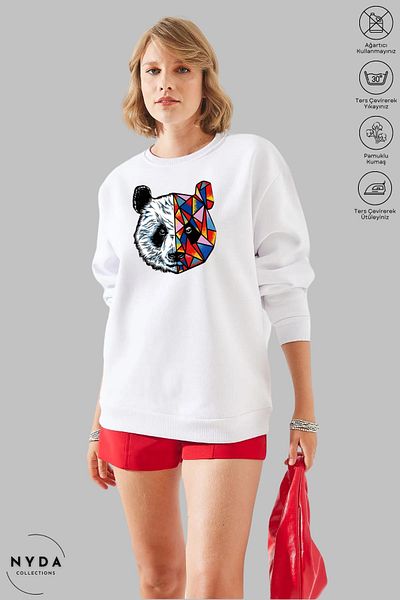 Nyda Collections Unisex μακρυμάνικο πολύχρωμο φούτερ Panda με στάμπα με λαιμόκοψη χωρίς κουκούλα