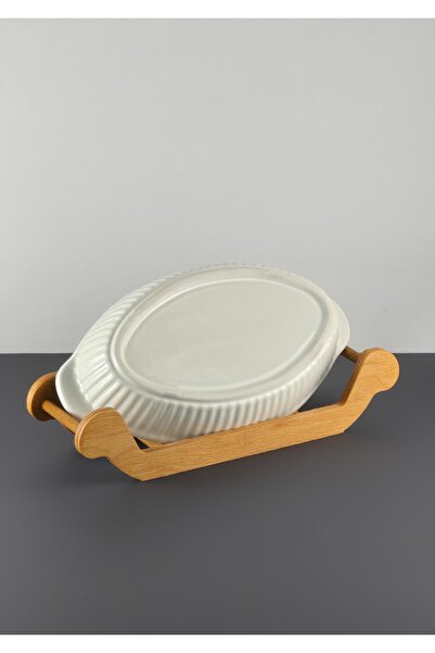 HomeTarz Rectangular Ceramic Baking Pot and Plate with Wooden Stand