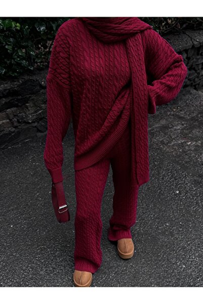 Bak'ap Premium Atkılı Saç Örgülü Yumuşacık 3lü Atkılı Pantolon Kazak Triko 3'lü Takım