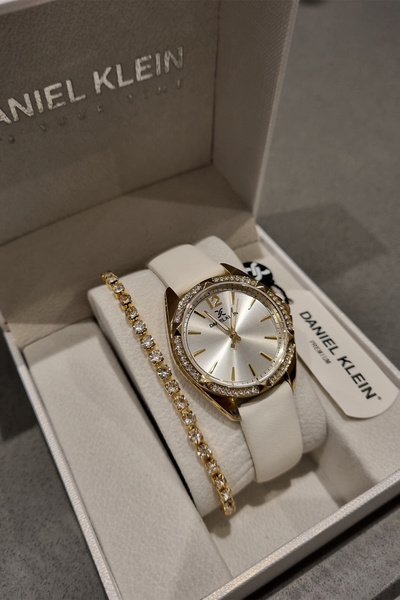 Daniel Klein New? Model White Leather Stone Women's Wrist Watch Bracelet