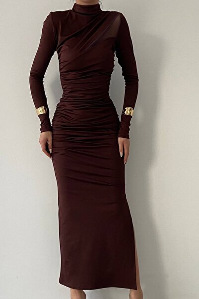 bayansepeti S pružnou pískovou tkaninou – večerní šaty Midi s vysokým výstřihem a rozparkem s dlouhým rukávem 291