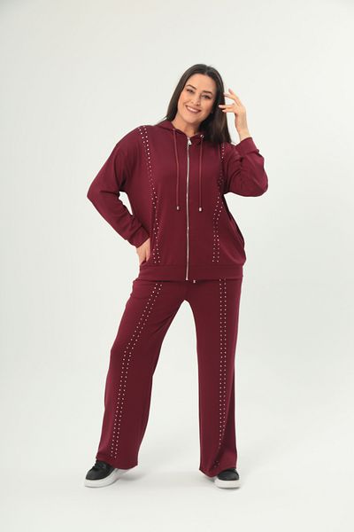 Şans Women's Plus Size Burgundy Stone Detailed Hooded Tracksuit Suit 65N38713