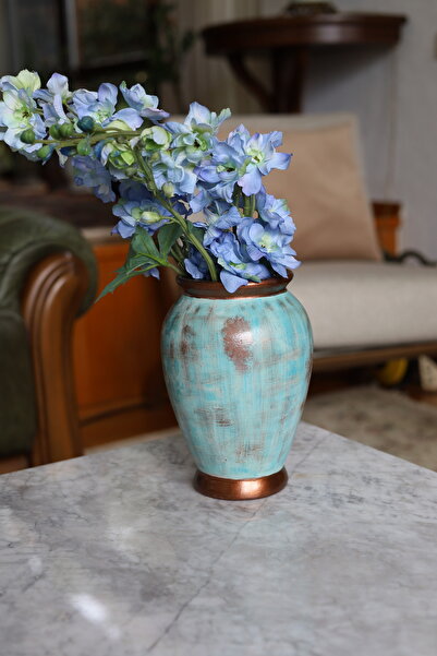 Deart İstanbul Bakırdan Seri Turkuaz Zarif Vazo 21.5x15 Cm.