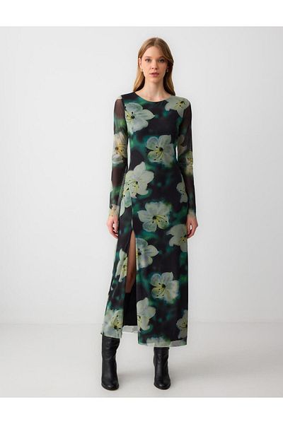 Jimmy Key Rochie lungă tricotată cu mânecă lungă, cu decolteu rotund, cu imprimeu floral