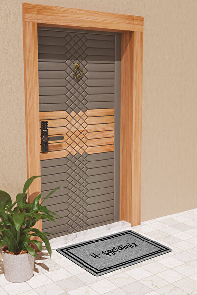 Rugmood Modern Dijtal Baskı Gri Çift Çerçeveli Hoşgeldiniz Kapı Önü Paspası