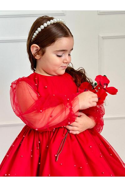 Linarookids Vintage New Year's Baby Girl Dress with Red Pearls, Birthday, Photo Shoot Dress, Suitable for 0-12 Years