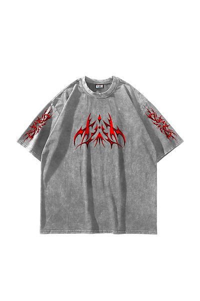 Sekizbiraltı Ολογραφικό κόκκινο εμπριμέ Oversize Unisex πλενόμενο λευκό μπλουζάκι