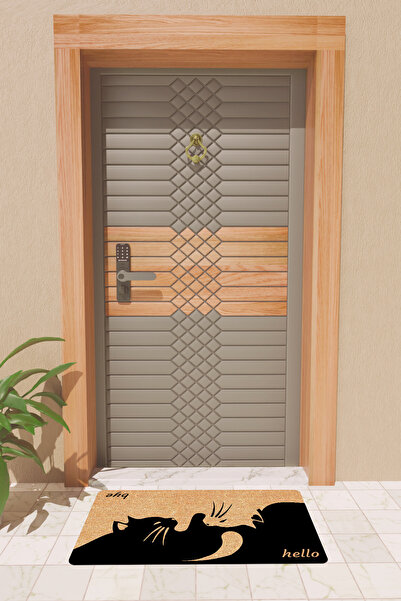 Rugmood Modern Dijtal Baskı Kedili Hello ve Bye Kapı Önü Paspası