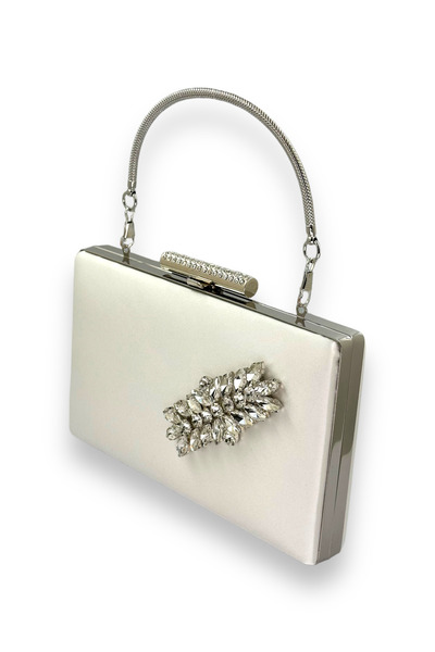 MidStore Ecru Pearl White Color Satin Crystal Stone Evening Dress Bag Evening...