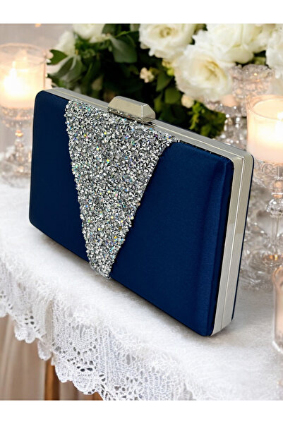 Wedding Fashion Albastru Marin Satin Argintiu Stone Geanta Rochie de Seara Cl...