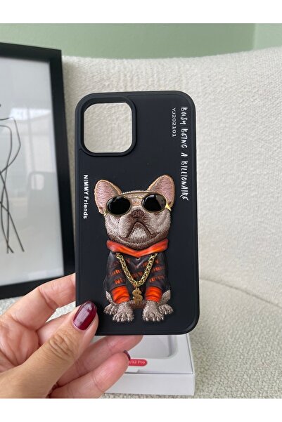 Dog Serisi Nakış İşlemeli Gözlük ve Zincir Detaylı 3D Siyah Kılıf - iPhone 12 Pro
