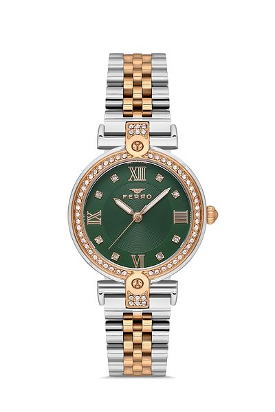 FERRO Rose/Silver Steel Band Women's Wrist Watch Fl21390A-E6