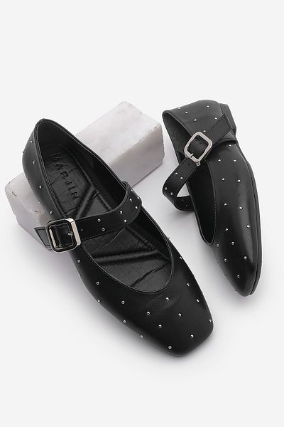 Marjin Schwarze Velona-Ballerinas für Damen mit stumpfer Zehenpartie, Schnalle und Nieten