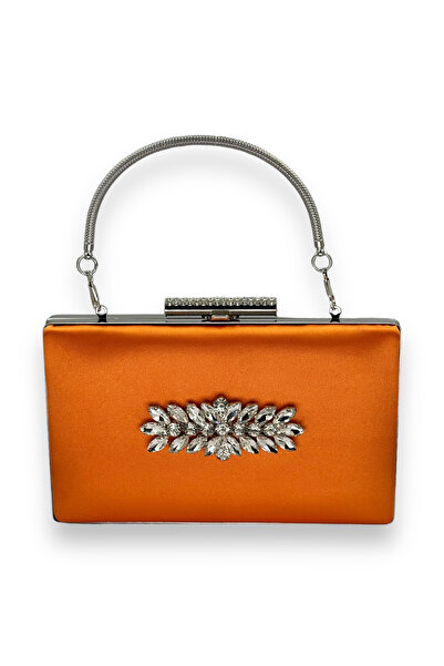 Generic Brand Orange Color Metal Handle Satin Crystal Stone Evening Dress Bag...