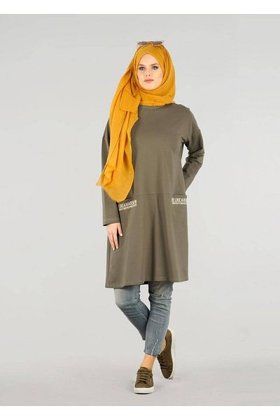 TRENDTESETTÜR Women's Khaki (A.Haki) t 63115 Allday- Knitted Hijab Tunic