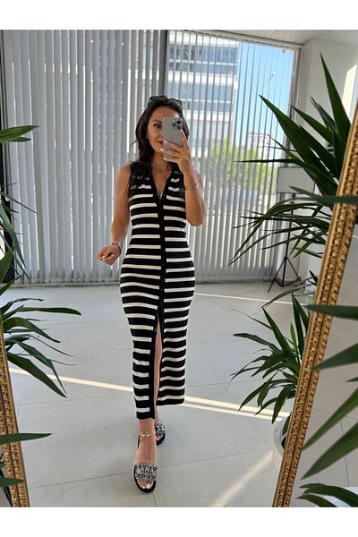 caddstore Sg Rochie cu dungi cu gât polo decoltat în talie