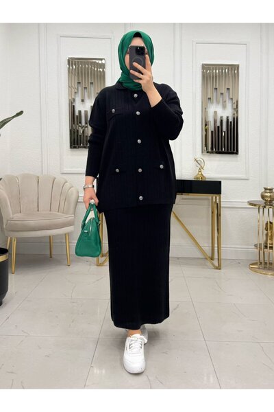 NİSUM MODA بدلة تريكو بتفاصيل جيب وتنورة