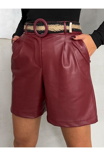 Miss Allos Women's Belt Detailed Leather Boyfriend Shorts