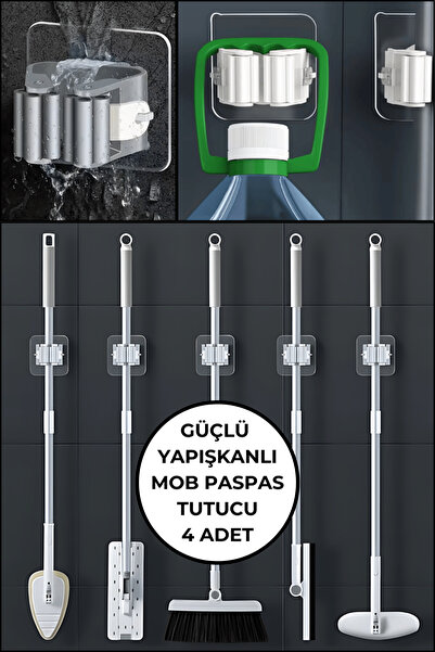 Kinlee “4’lü Güçlü Yapışkanlı Mob Ve Süpürge Askısı | Çok Amaçlı Tutucu Mutfa...