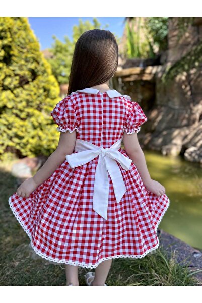 Linarookids Kirazlı Kırmızı Vintage Kız Bebek Elbisesi,Doğum günü,fotoğraf çekim elbise,0-12 Yaş Uygun