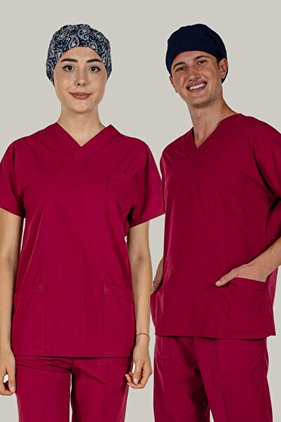 Mert Giyim Bordo Üst Scrubs Terrycotton Doktor Hemşire Forma