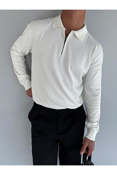 ablukaonline Men's Polo Neck Knitwear Sweater - Half Zipper, Ecru