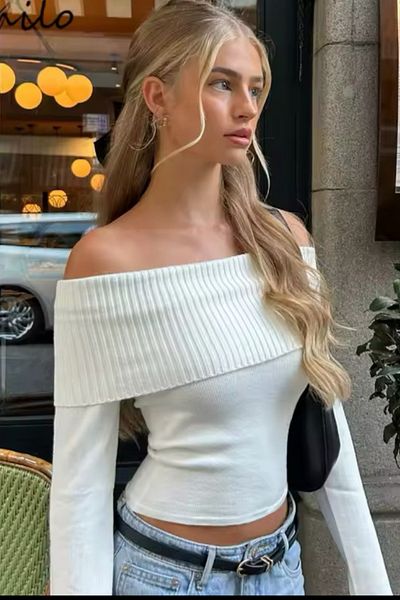 Köstebek Λευκή ριγέ γιακά Madonna με μακρυμάνικο πλεκτό Crop μπλούζα
