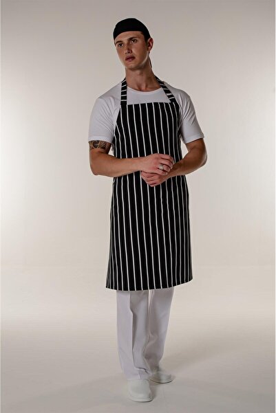Mert Giyim Beyaz-Siyah Çizgili Aşçı ve Mutfak Şef Askılı Önlük