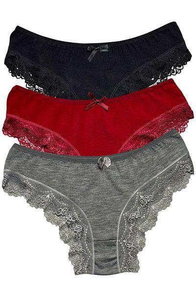 Gizli Butik Pachet de 3 chiloți bikini din bumbac cu dantelă pentru femei, negru, roșu, gri