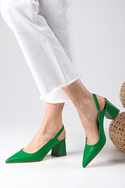 Mio Gusto Anette Green Color Pointed Toe Open Back Thick Heeled Shoes
